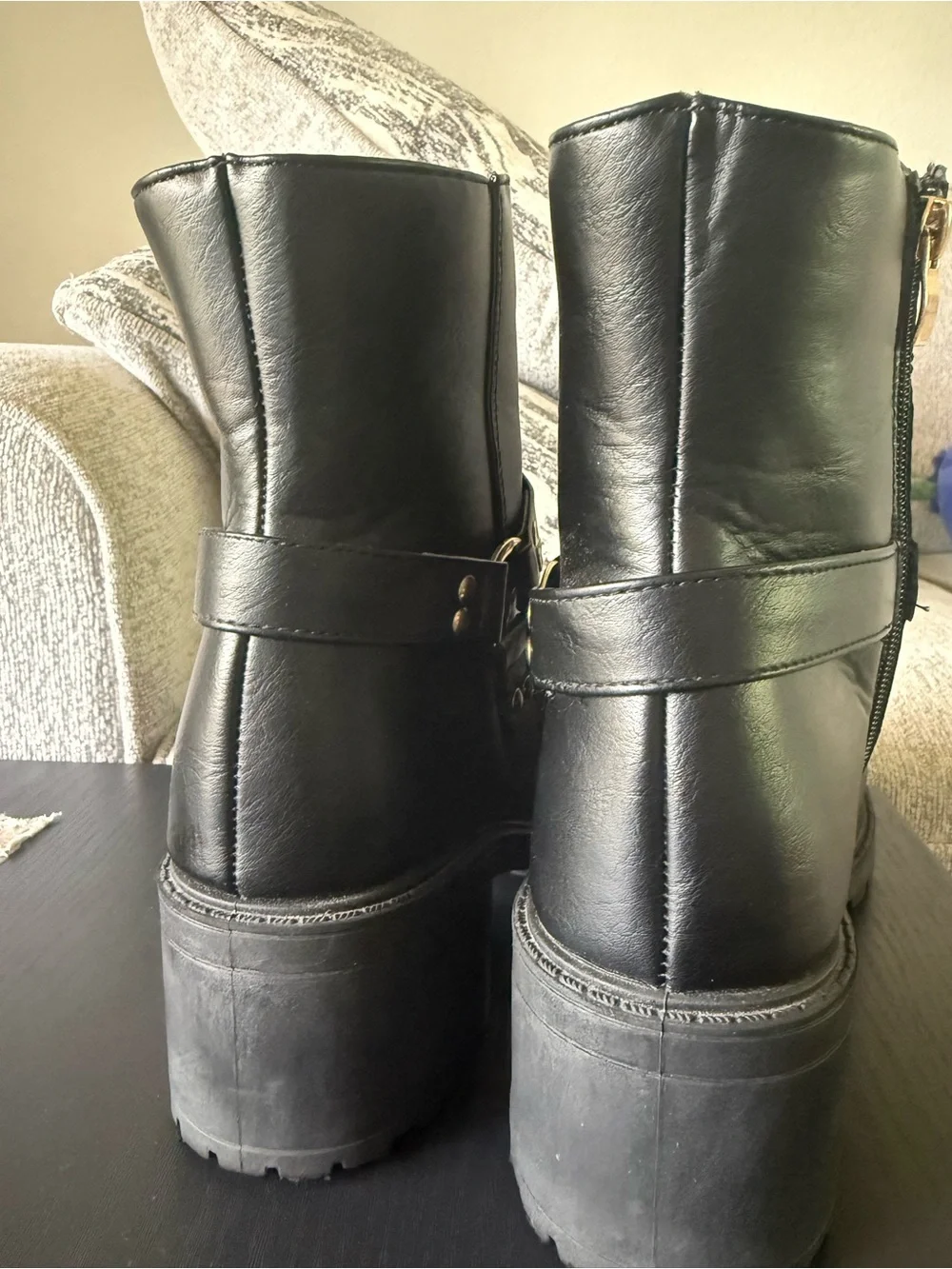 Black Leather Ankle Booties with Strap Accent